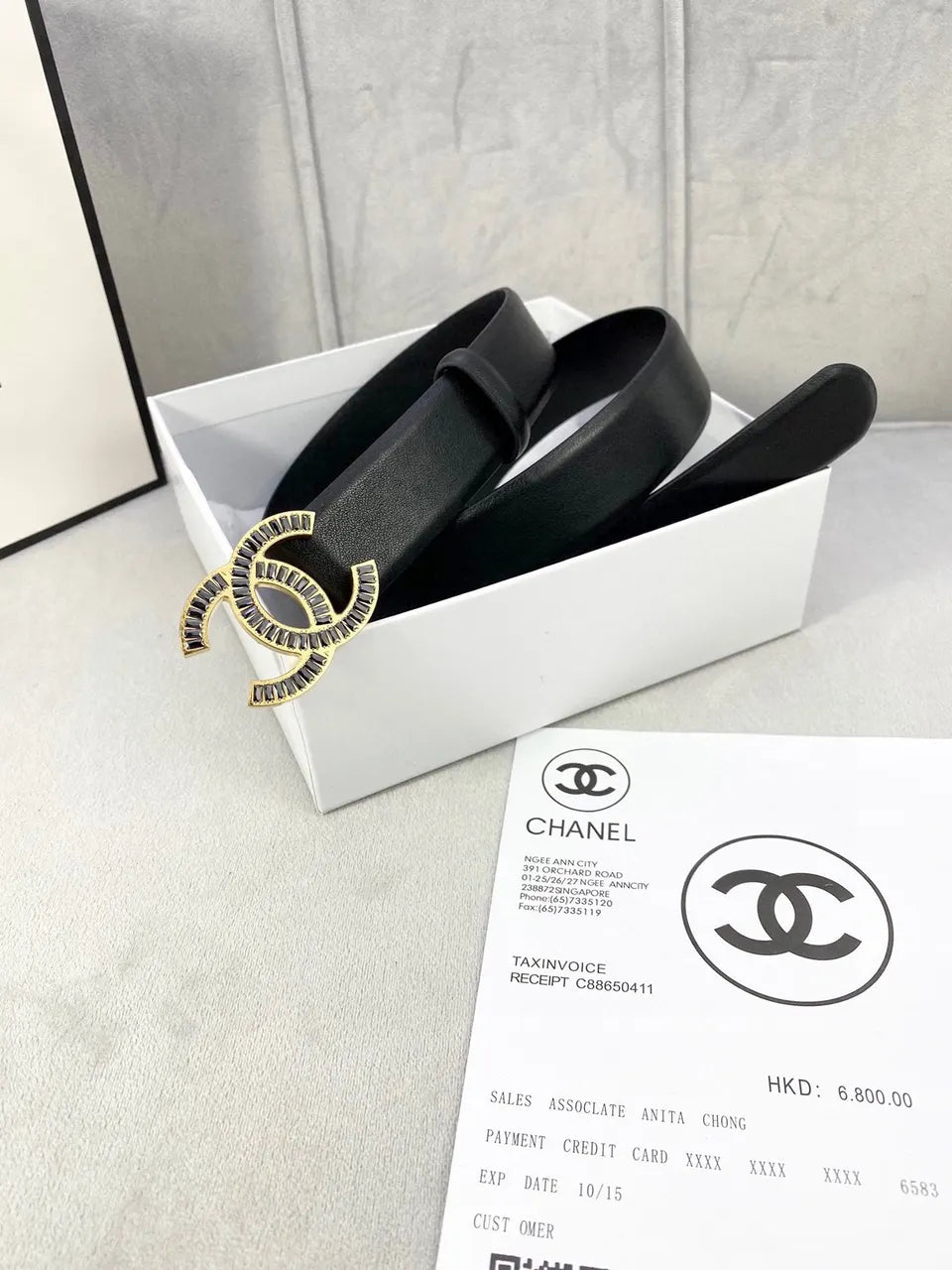 Chanel Black Leather Belt Antique Gold CC - Hình 2