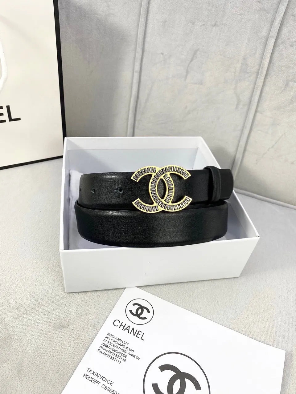 Chanel Black Leather Belt Antique Gold CC - Hình 3
