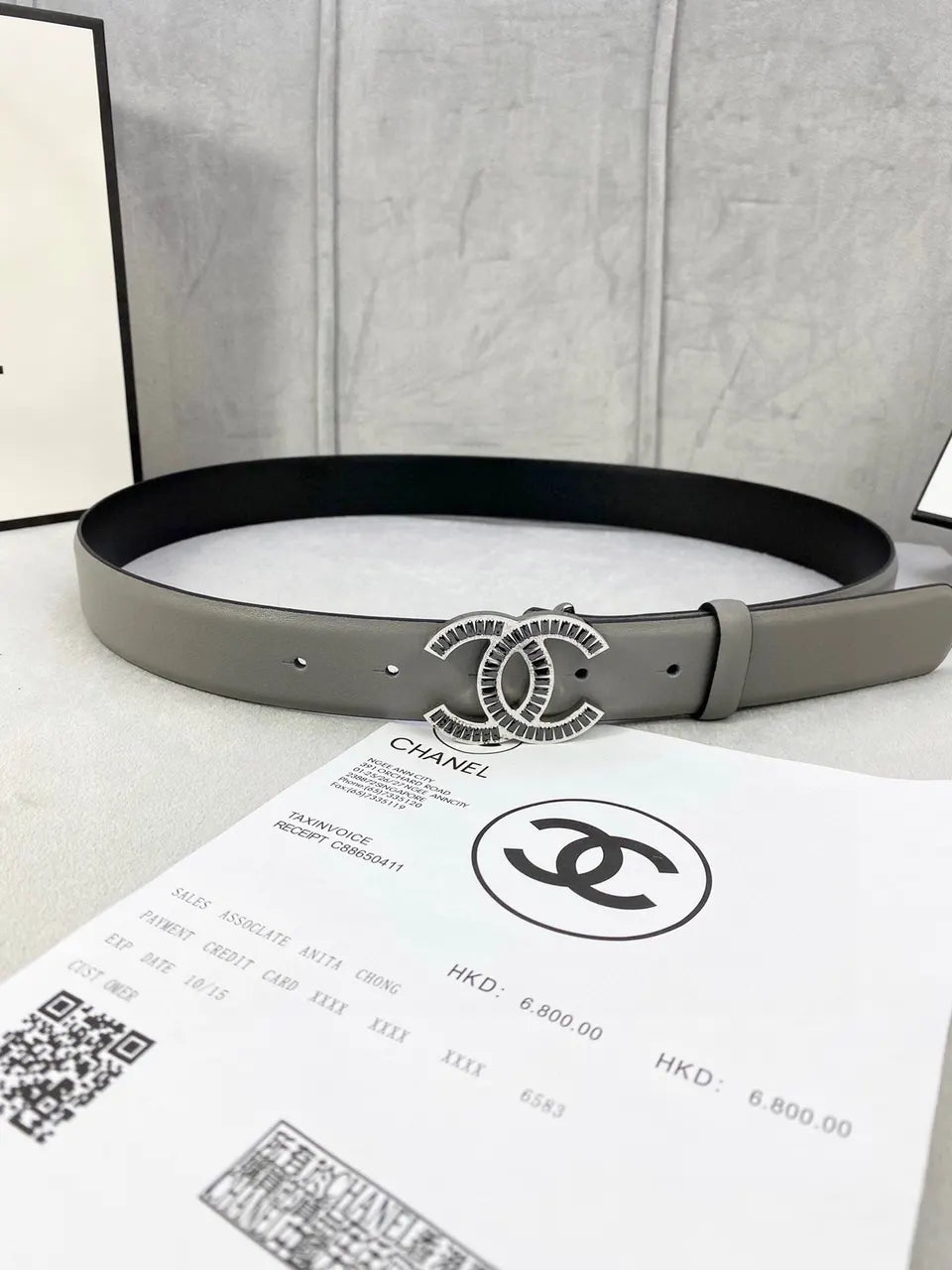crystal Chanel Dove Grey Leather Belt