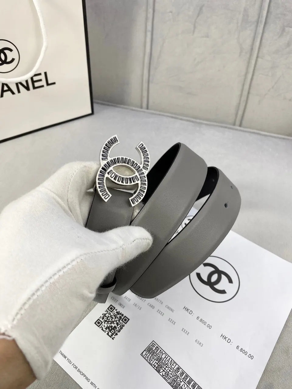 crystal Chanel Dove Grey Leather Belt - Hình 2