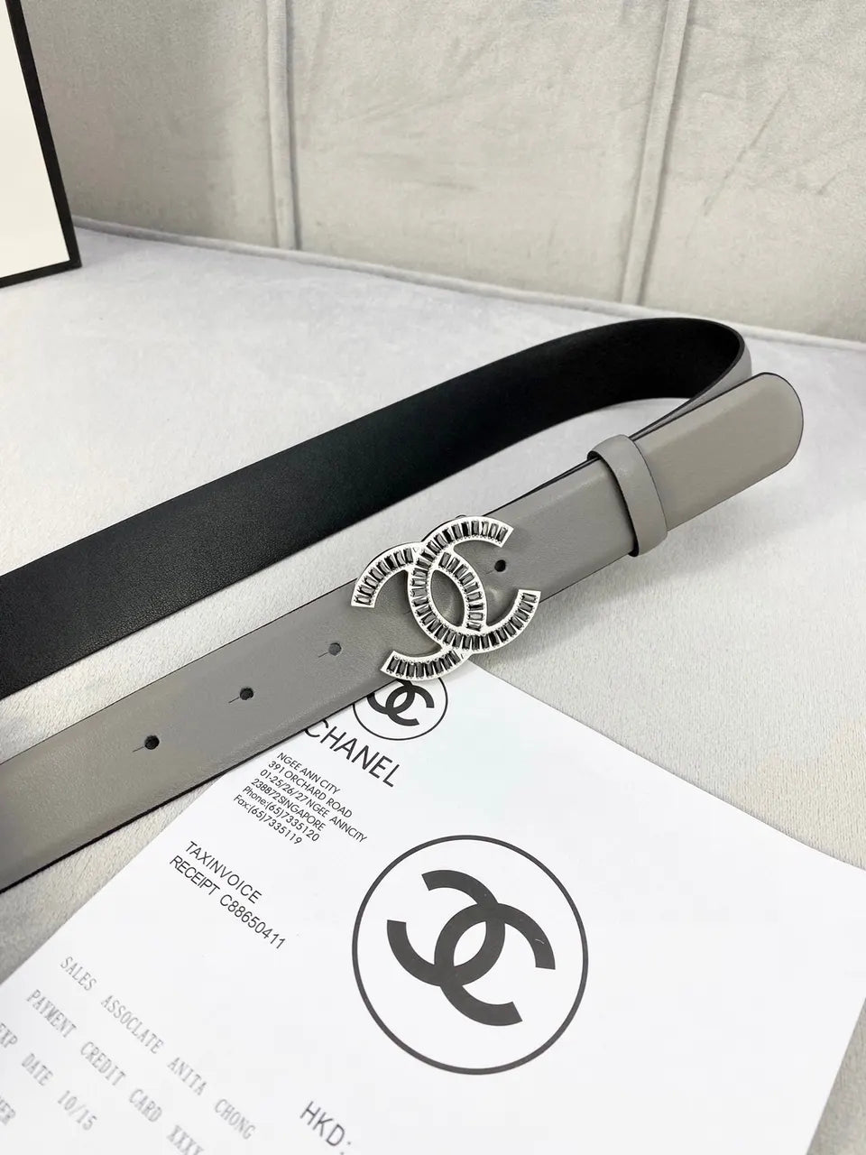 crystal Chanel Dove Grey Leather Belt - Hình 3