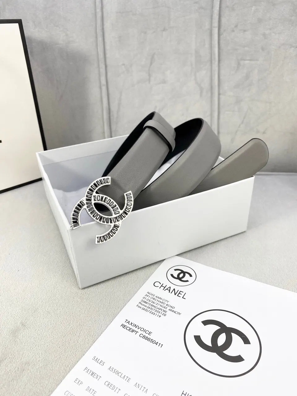 crystal Chanel Dove Grey Leather Belt - Hình 4
