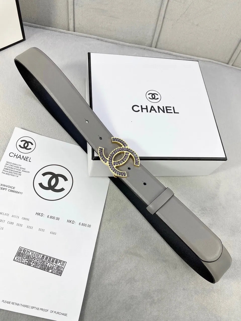 crystal Chanel Dove Grey Leather Belt - Hình 5
