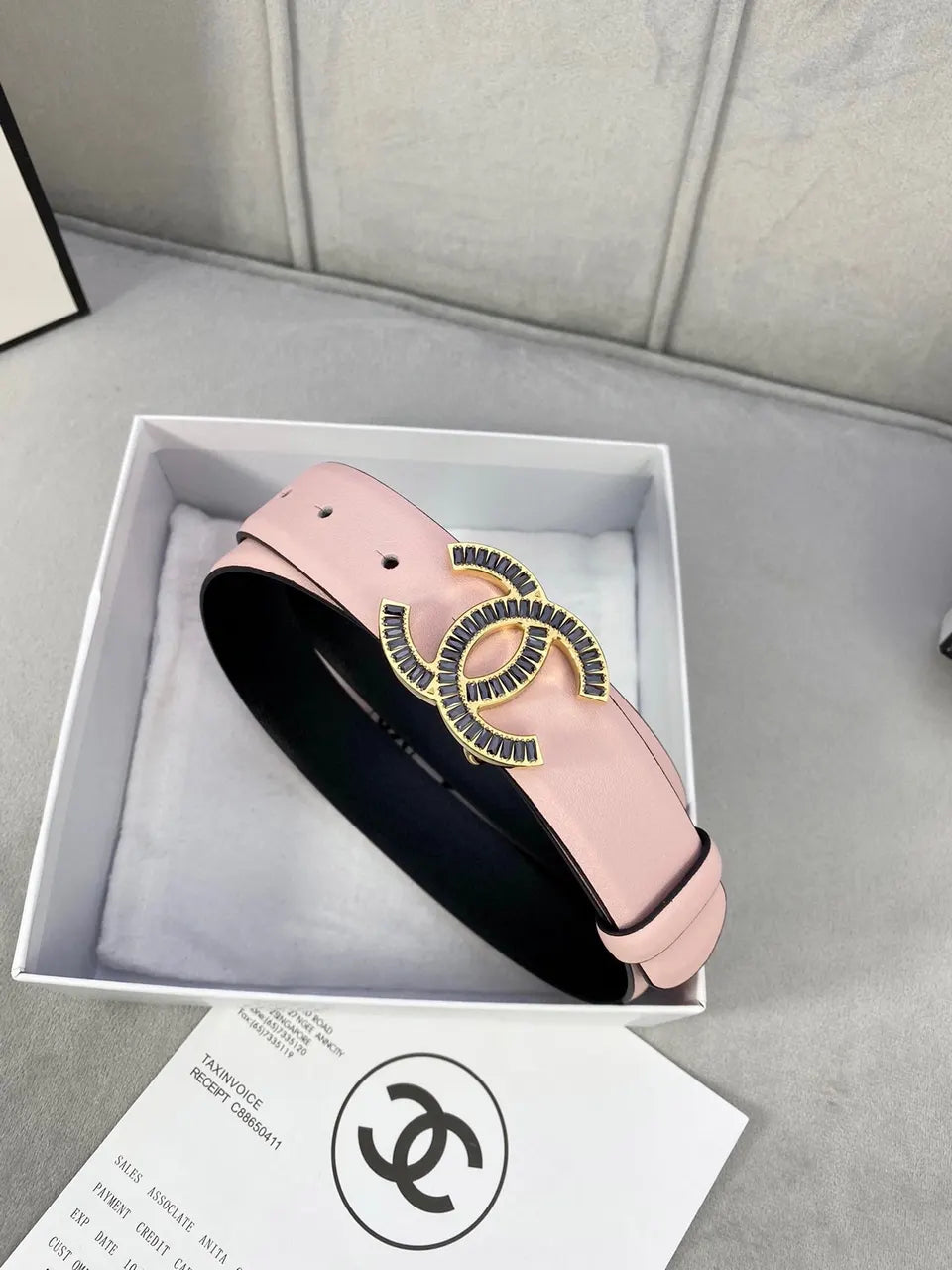 crystal Chanel Light Pink Leather Belt - Hình 2