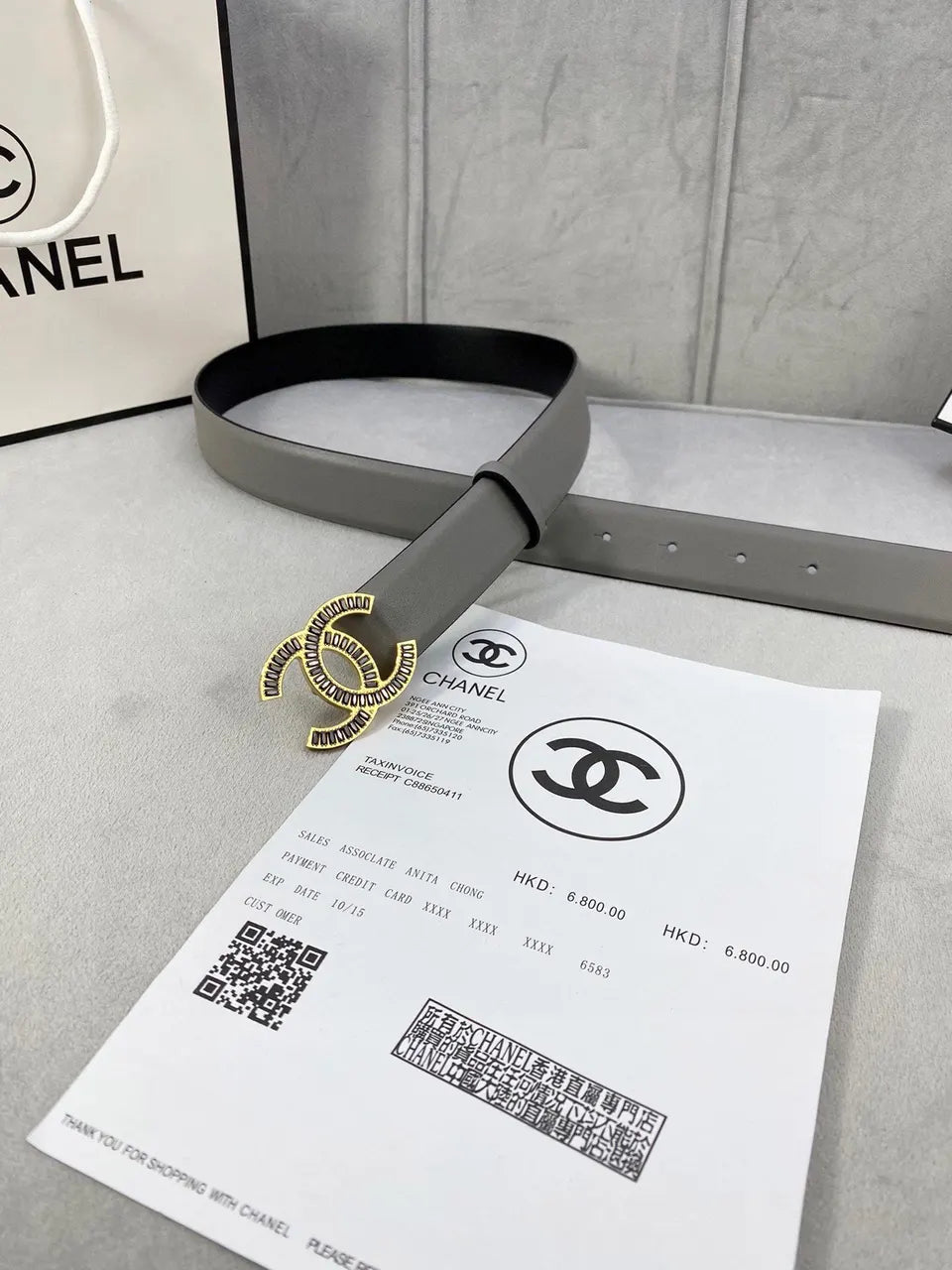 crystal Chanel Dove Grey Leather Belt - Hình 6