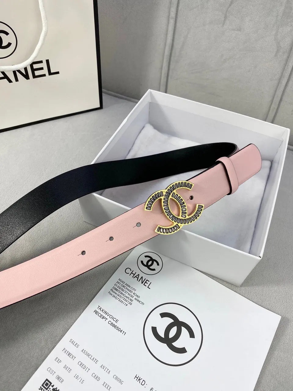 crystal Chanel Light Pink Leather Belt - Hình 3