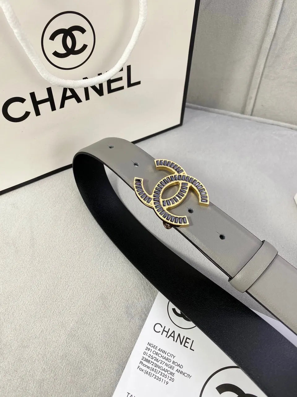 crystal Chanel Dove Grey Leather Belt - Hình 7