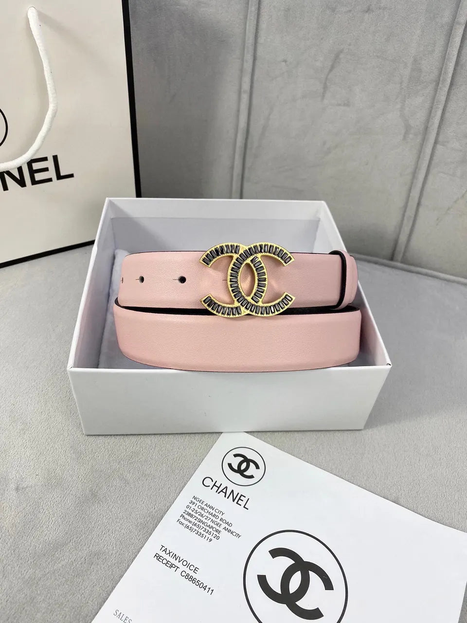 crystal Chanel Light Pink Leather Belt - Hình 4