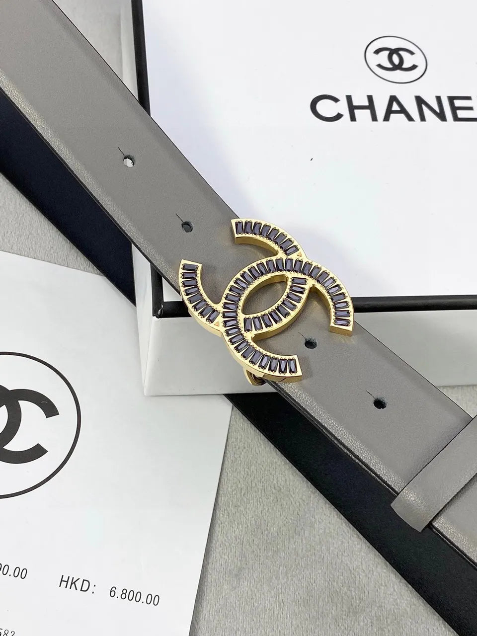 crystal Chanel Dove Grey Leather Belt - Hình 8
