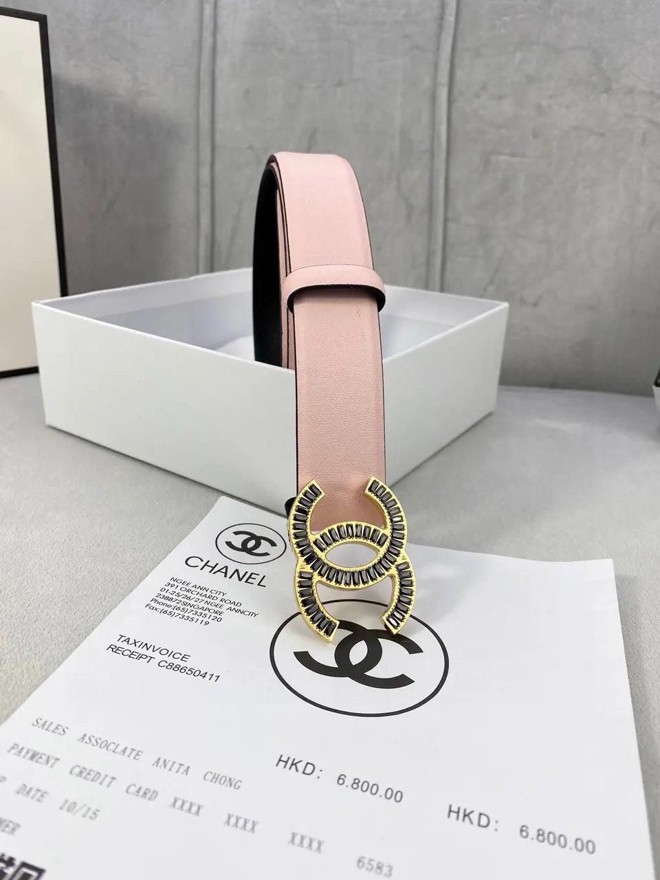 crystal Chanel Light Pink Leather Belt - Hình 5