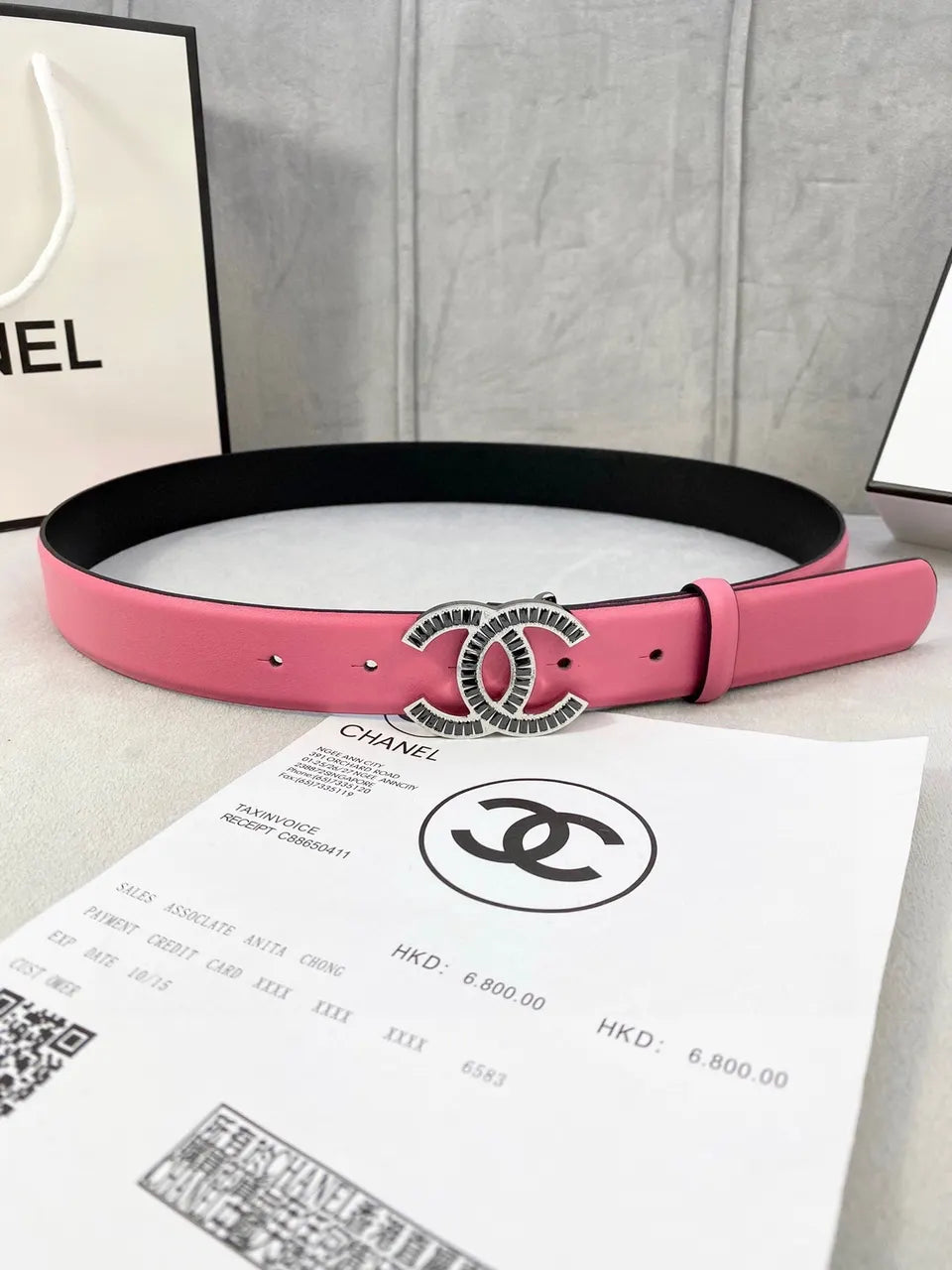 silver crystal Chanel Pink Leather Belt