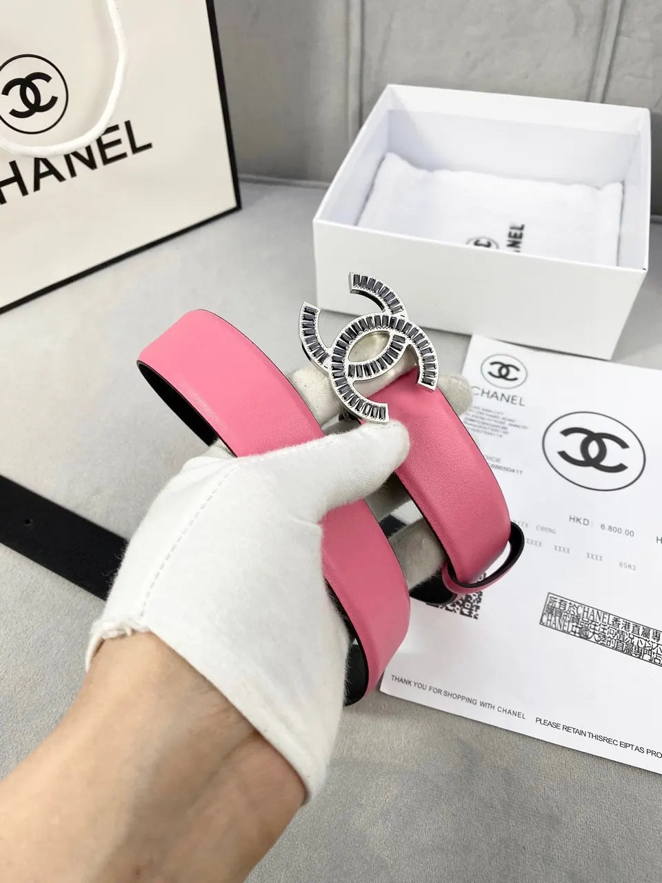 silver crystal Chanel Pink Leather Belt - Hình 2