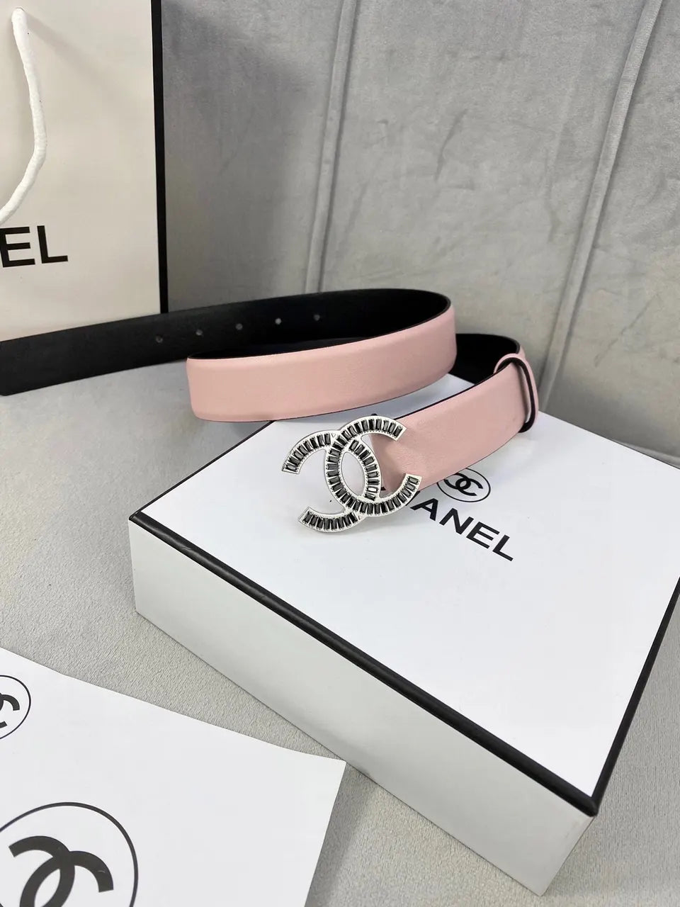 crystal Chanel Light Pink Leather Belt - Hình 6