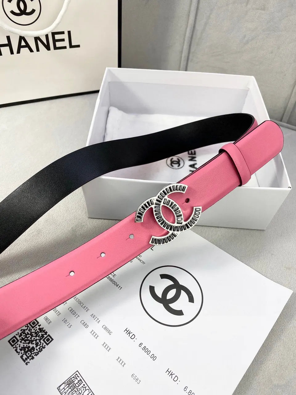 silver crystal Chanel Pink Leather Belt - Hình 3