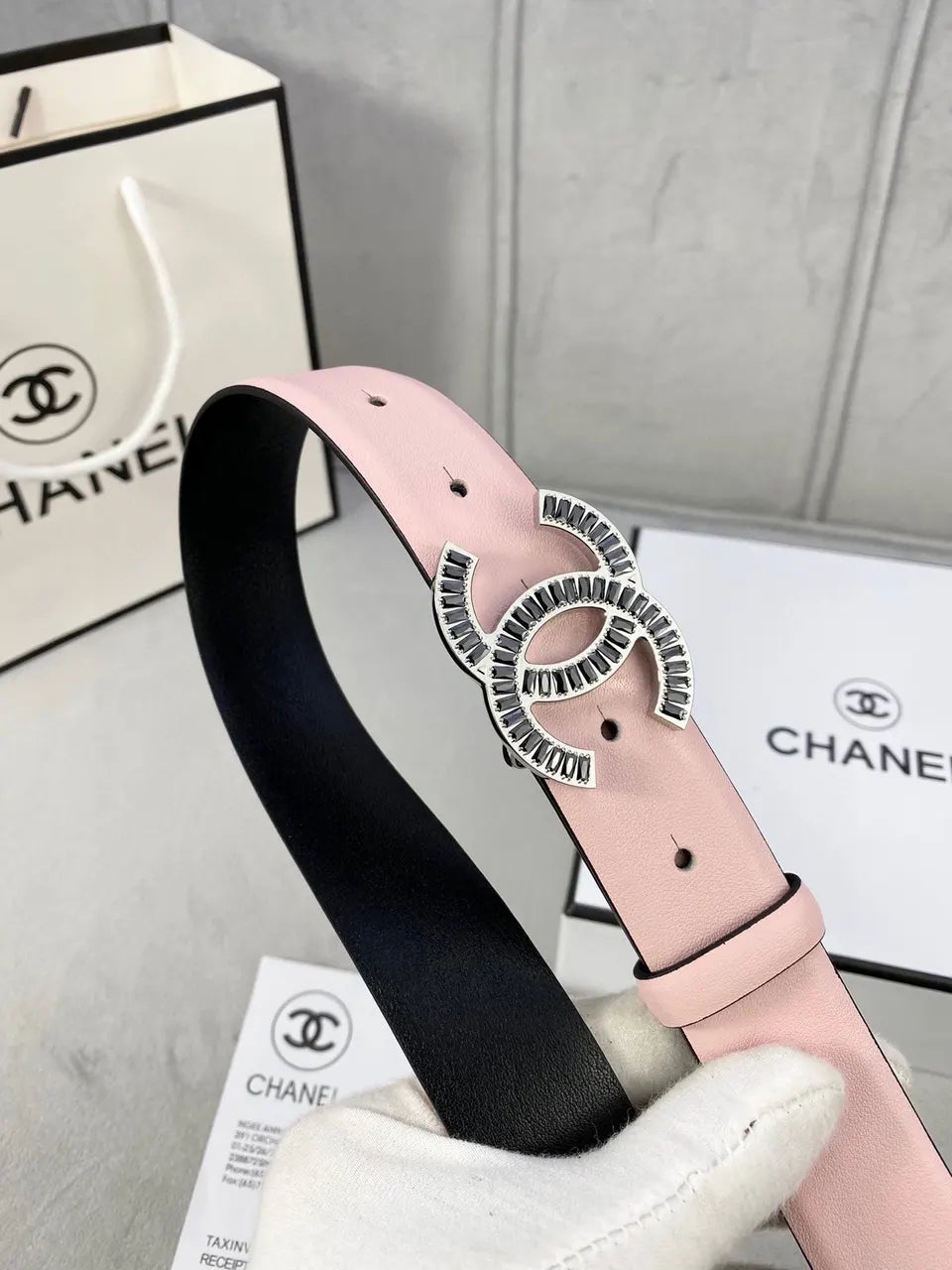 crystal Chanel Light Pink Leather Belt - Hình 7