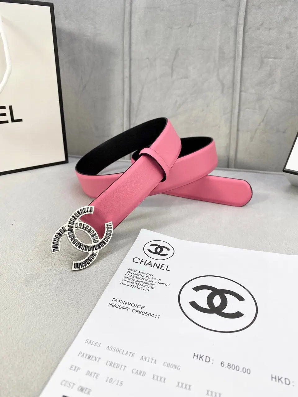 silver crystal Chanel Pink Leather Belt - Hình 4