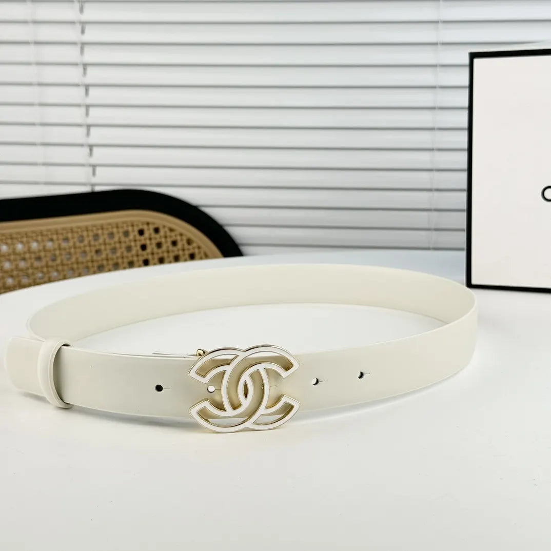 silver Chanel Off-White Leather Belt