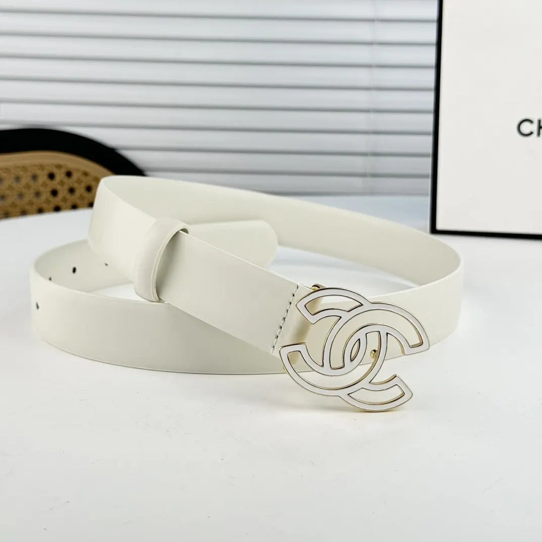 silver Chanel Off-White Leather Belt - Hình 2
