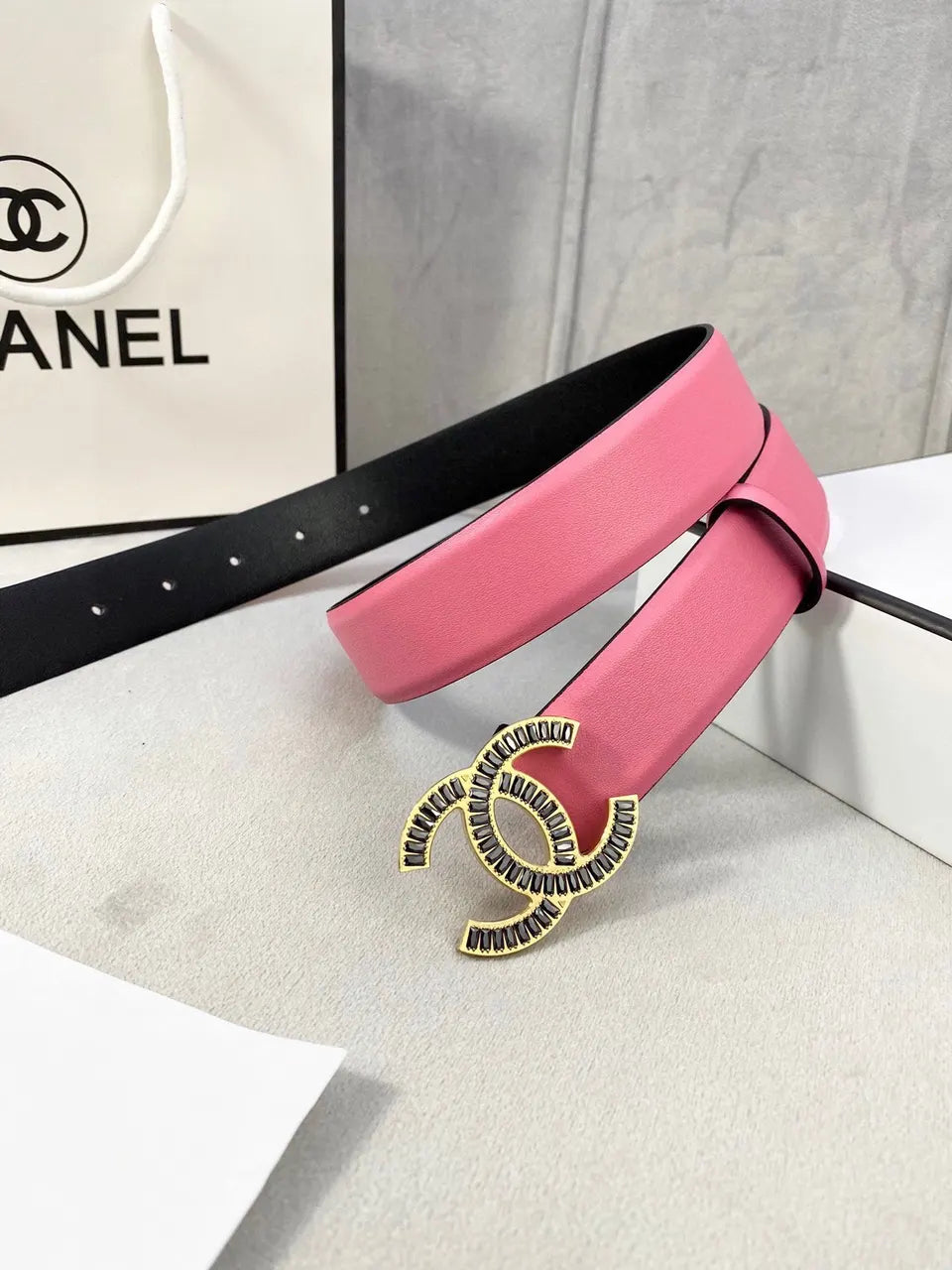 silver crystal Chanel Pink Leather Belt - Hình 5