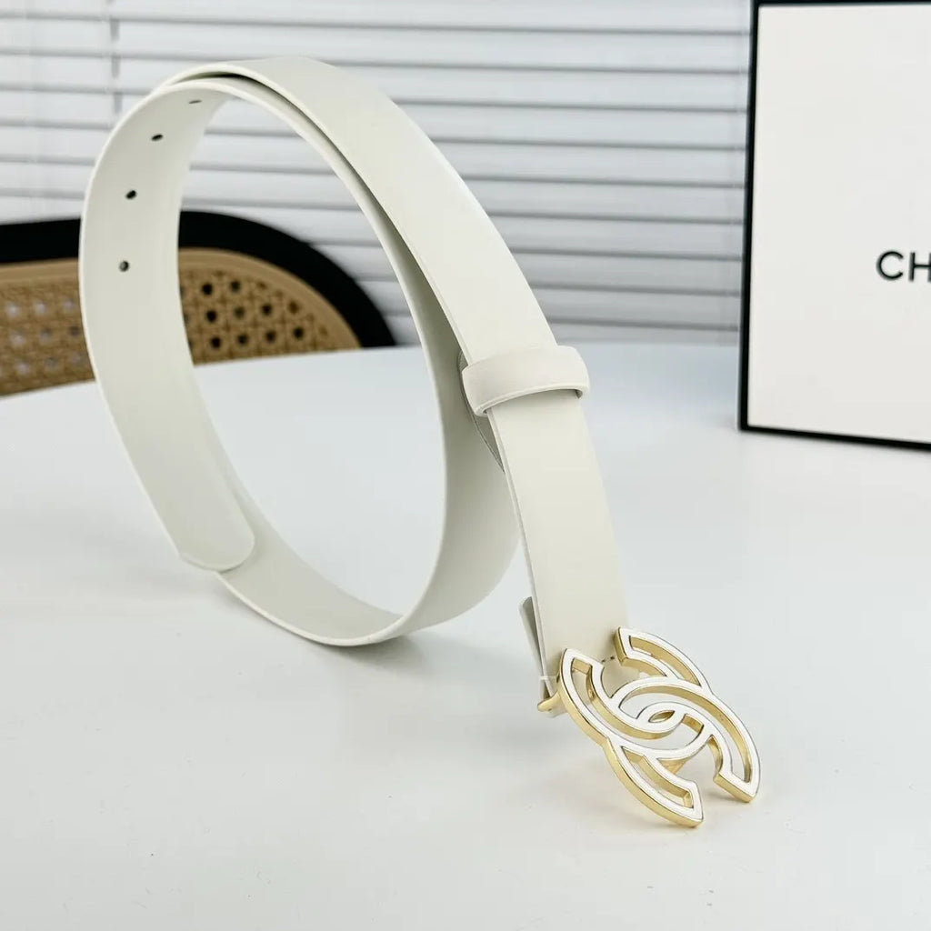 silver Chanel Off-White Leather Belt - Hình 3