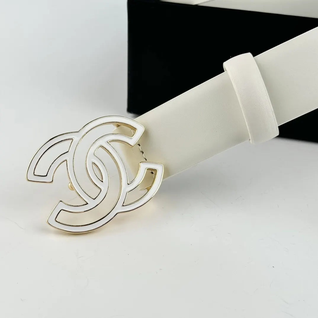 silver Chanel Off-White Leather Belt - Hình 4
