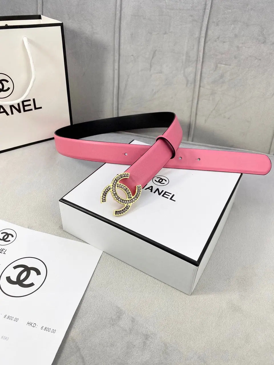 silver crystal Chanel Pink Leather Belt - Hình 6