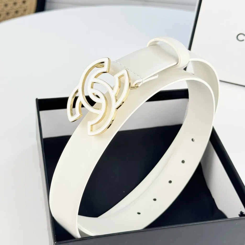 silver Chanel Off-White Leather Belt - Hình 5