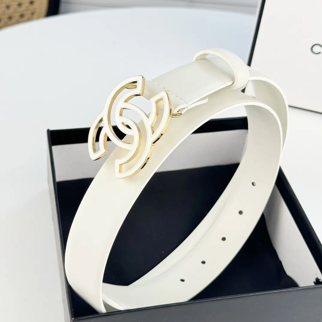 silver Chanel Off-White Leather Belt - Hình 5