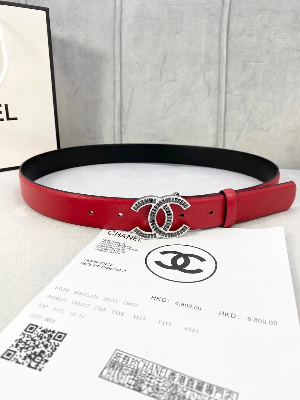 Chanel Red Leather Crystal Belt