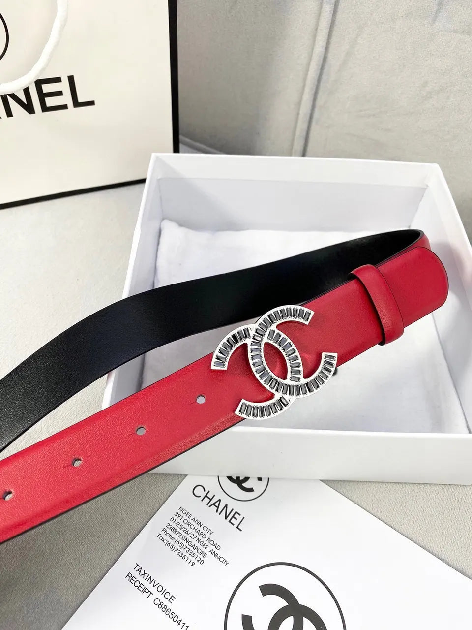 Chanel Red Leather Crystal Belt - Hình 2