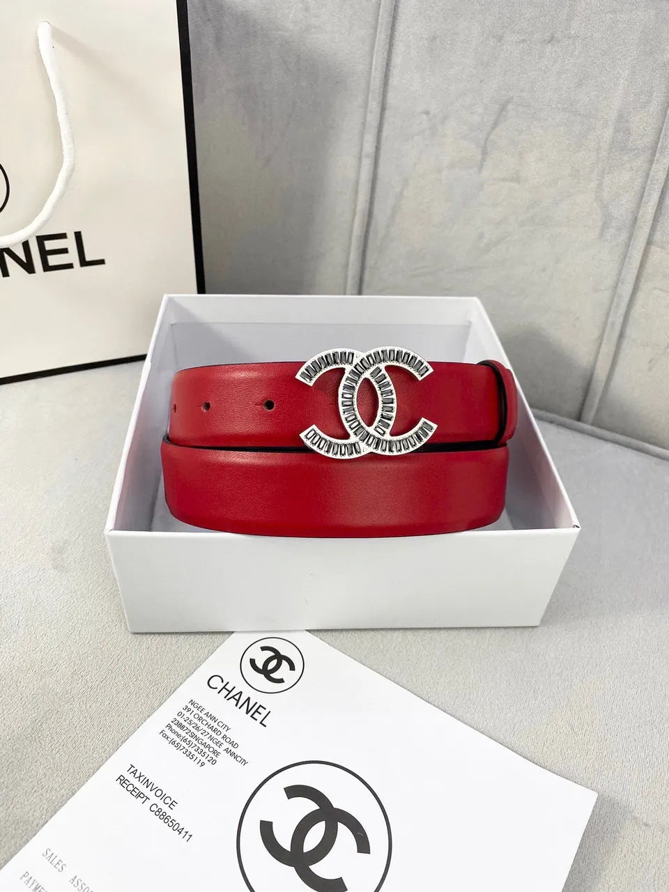 Chanel Red Leather Crystal Belt - Hình 3