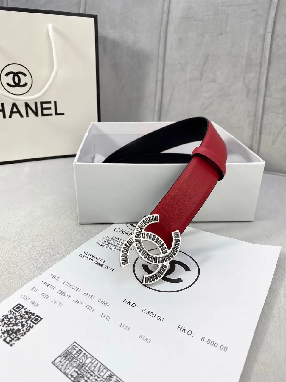 Chanel Red Leather Crystal Belt - Hình 5