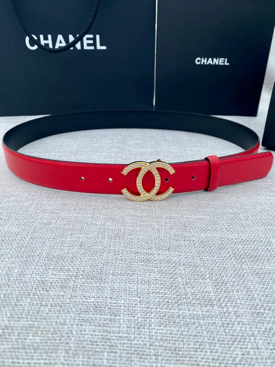 golden Chanel Red Leather Belt