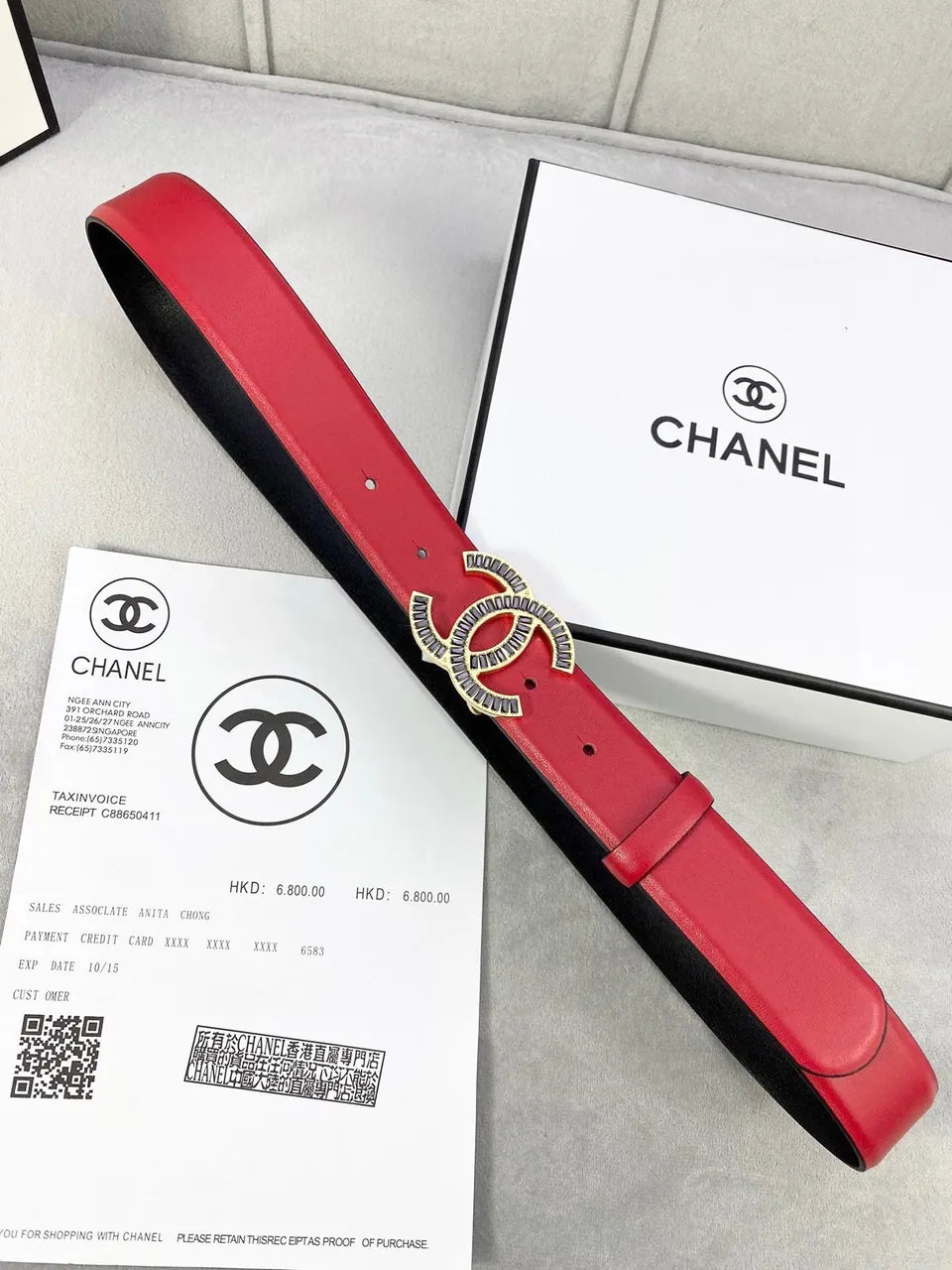 Chanel Red Leather Crystal Belt - Hình 6