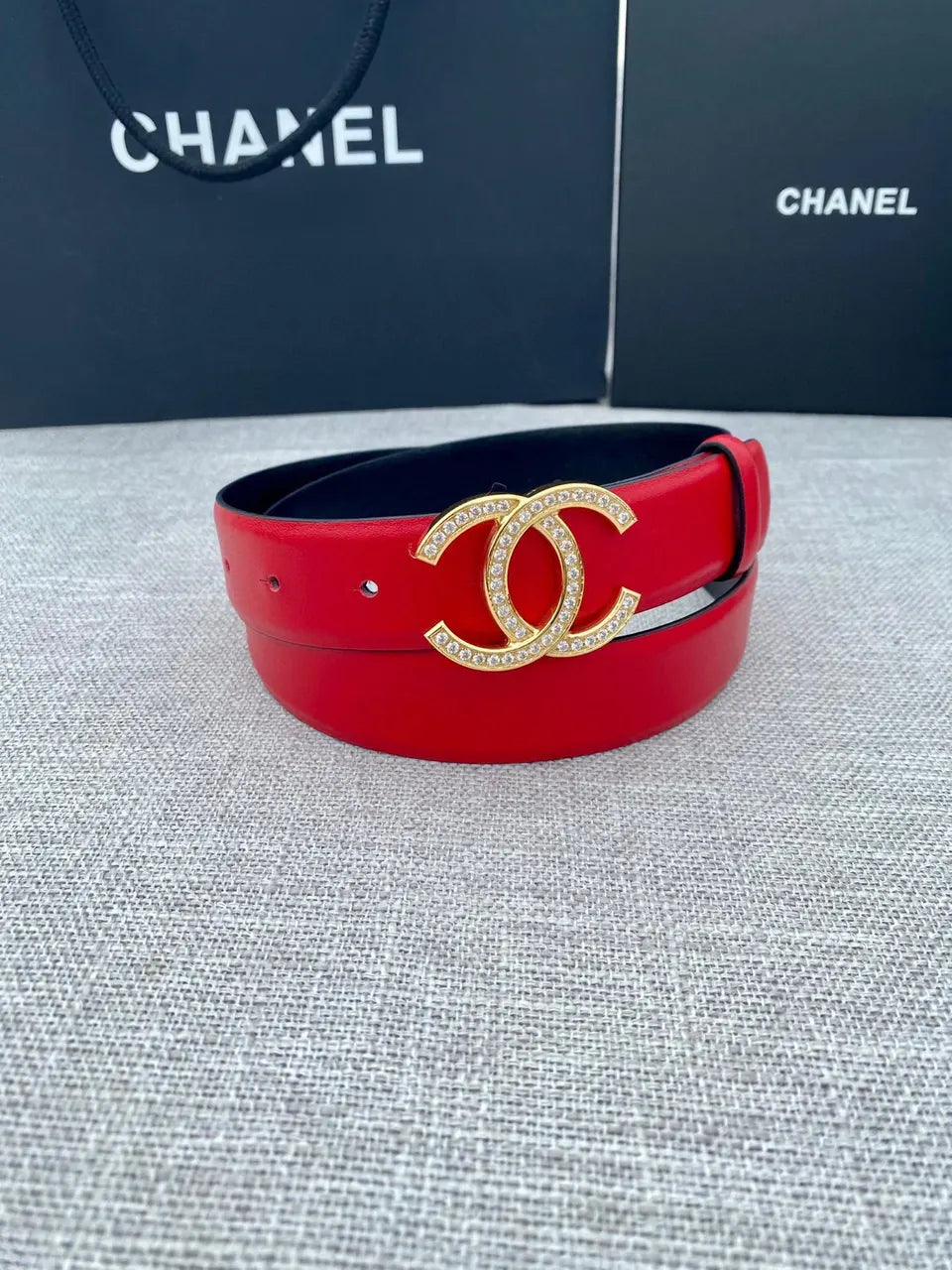 golden Chanel Red Leather Belt - Hình 3