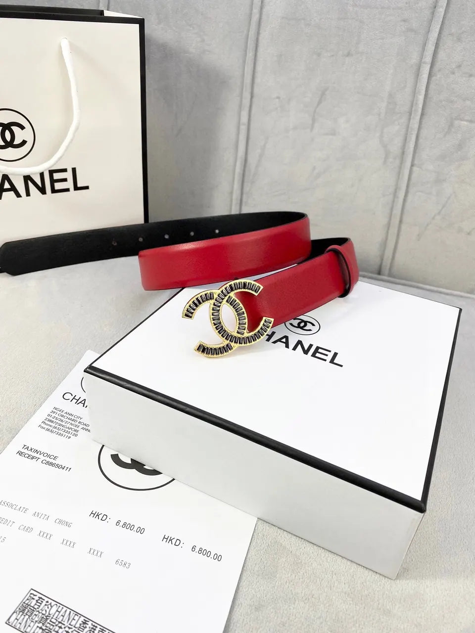 Chanel Red Leather Crystal Belt - Hình 9