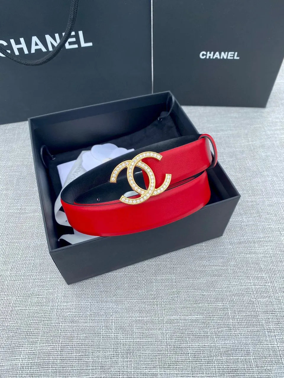 golden Chanel Red Leather Belt - Hình 5