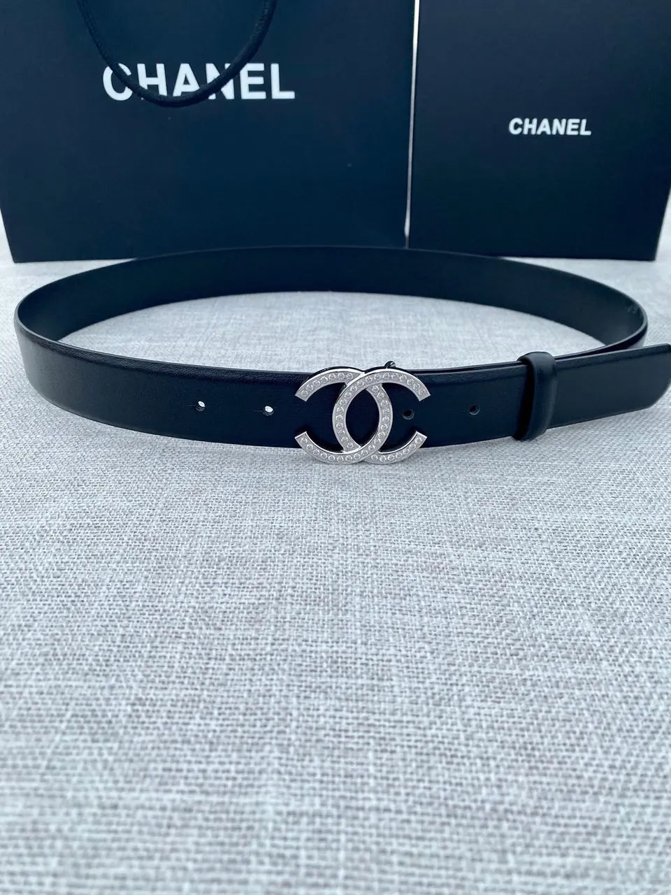 silver Chanel Black Leather Crystal Belt