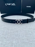 silver Chanel Black Leather Crystal Belt