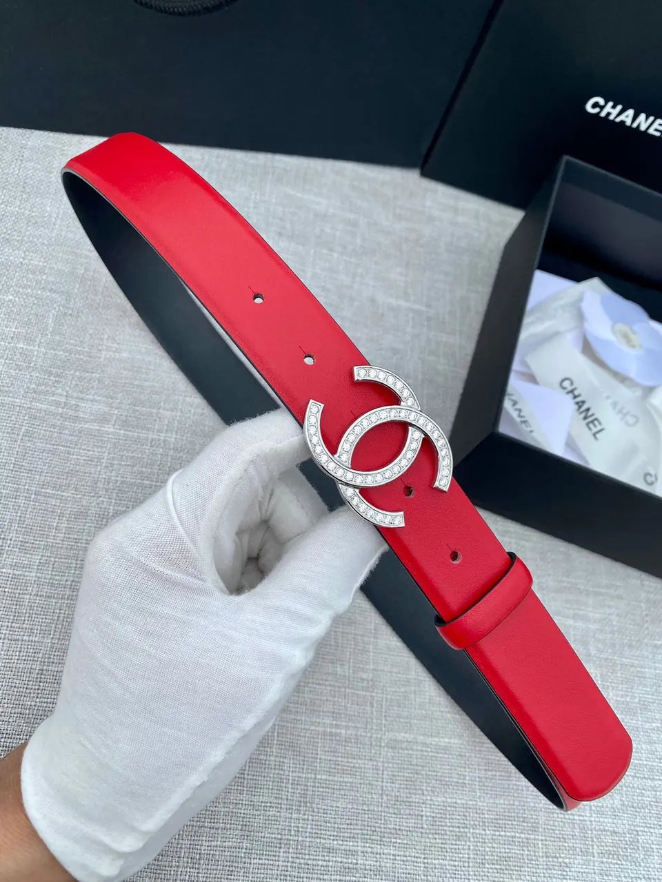 golden Chanel Red Leather Belt - Hình 6