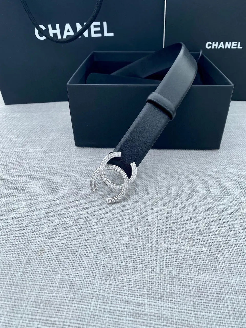 silver Chanel Black Leather Crystal Belt - Hình 2