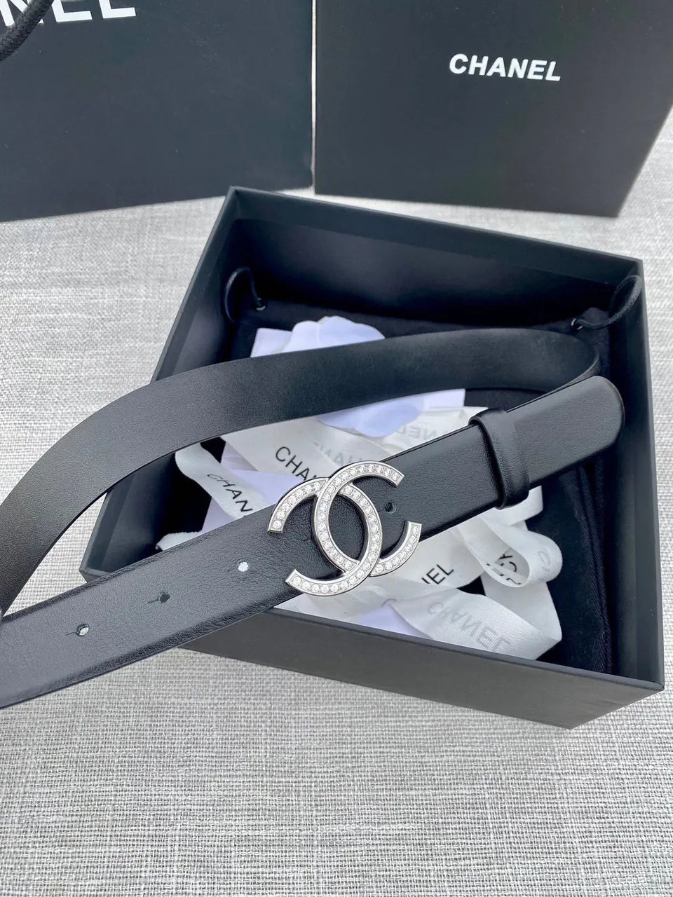 silver Chanel Black Leather Crystal Belt - Hình 3