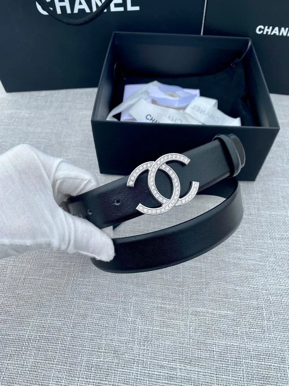 silver Chanel Black Leather Crystal Belt - Hình 4