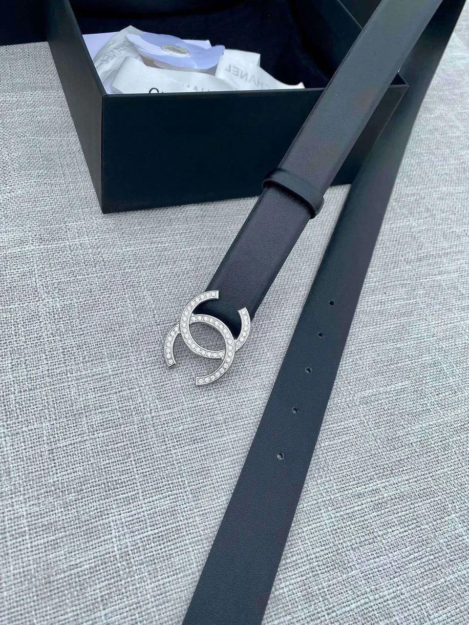 silver Chanel Black Leather Crystal Belt - Hình 5
