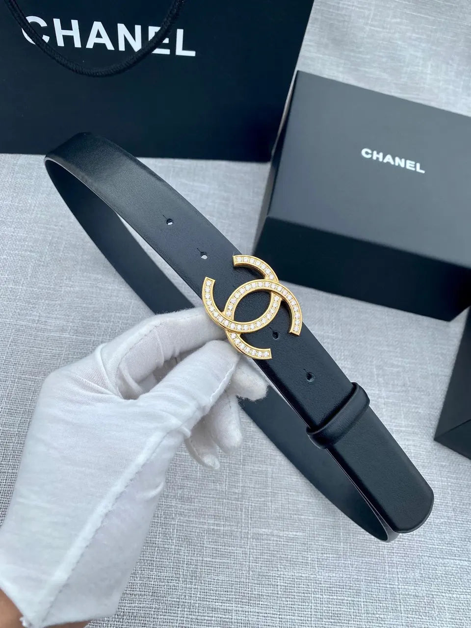 silver Chanel Black Leather Crystal Belt - Hình 6