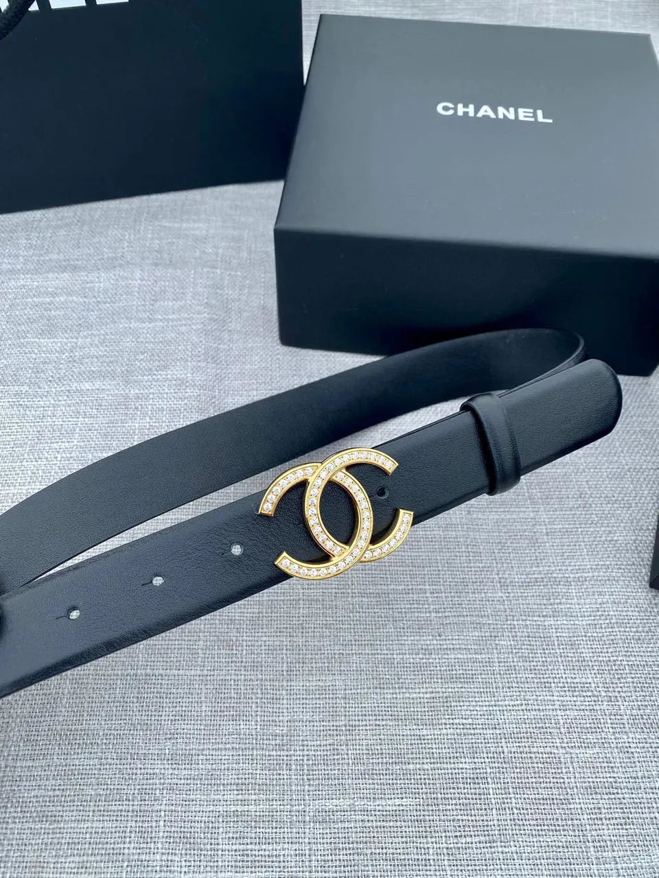 silver Chanel Black Leather Crystal Belt - Hình 7