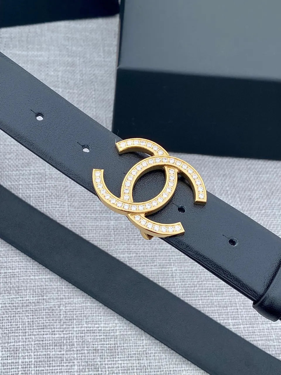 silver Chanel Black Leather Crystal Belt - Hình 8