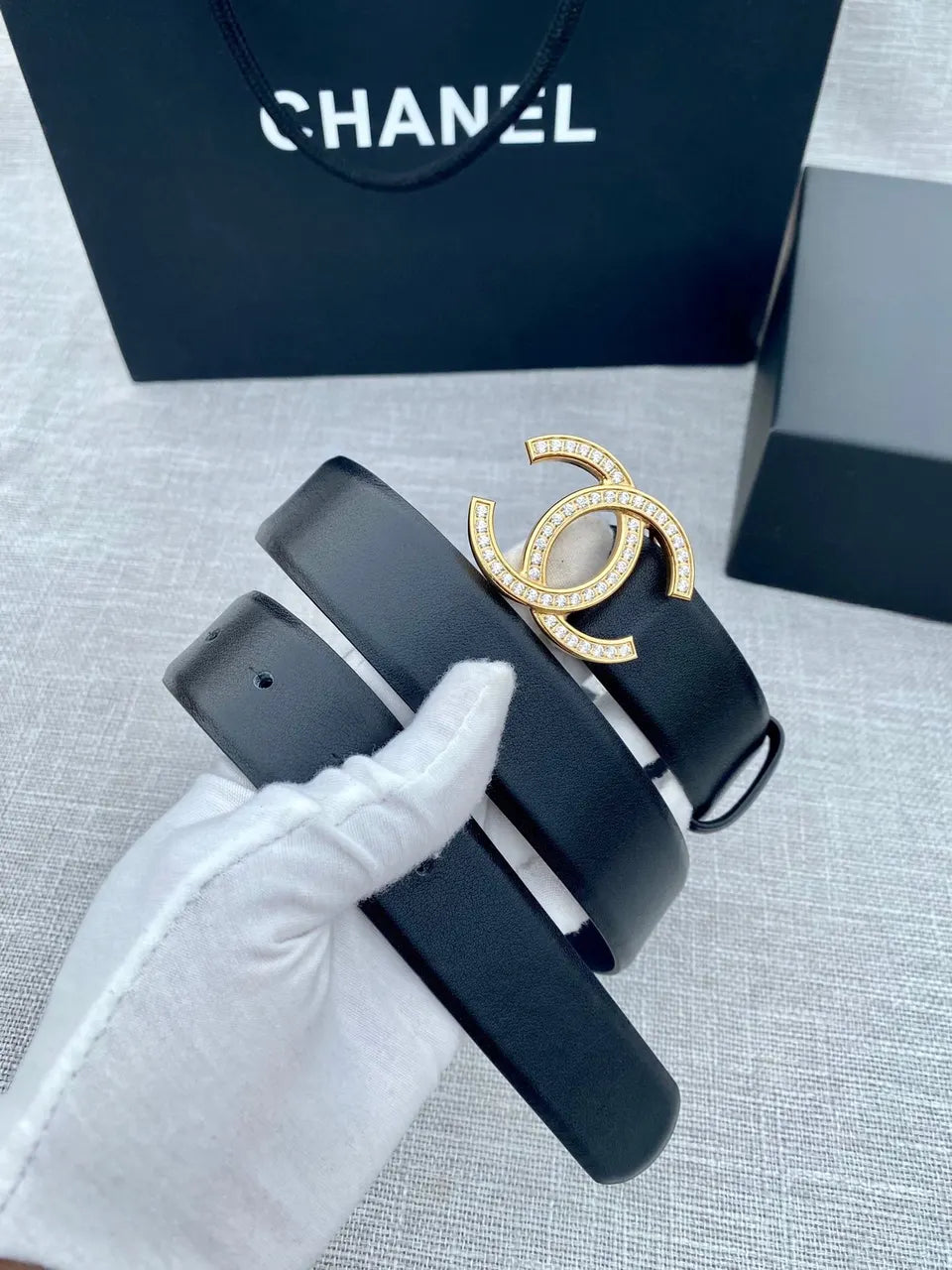 silver Chanel Black Leather Crystal Belt - Hình 9