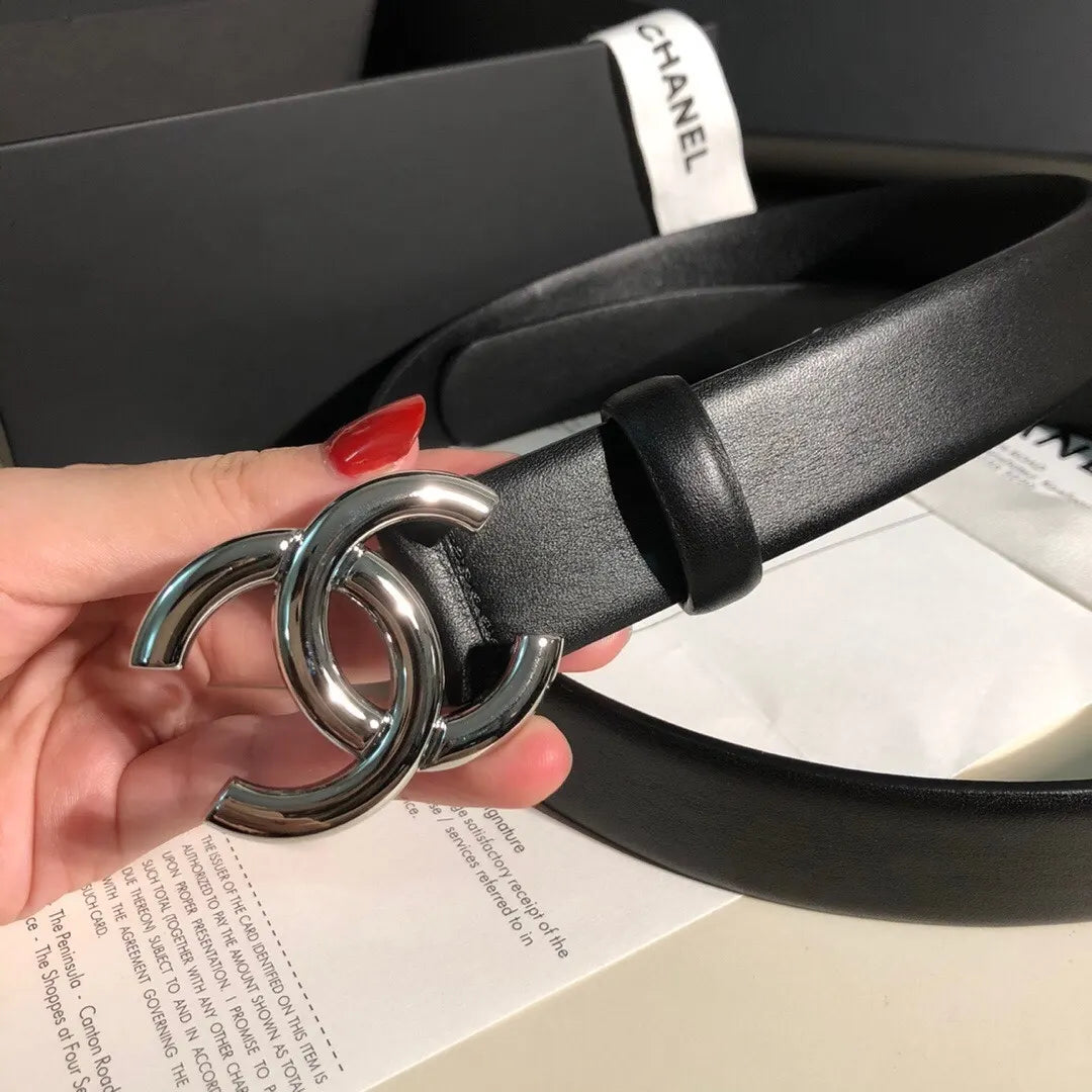 Chanel Black Leather Belt Silver CC interlocking