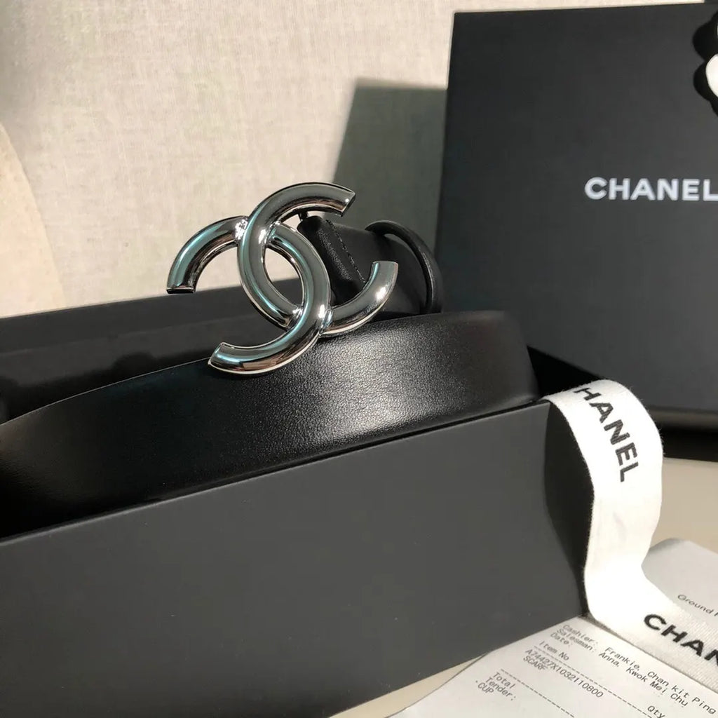 Chanel Black Leather Belt Silver CC interlocking - Hình 2